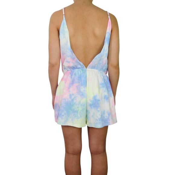 Tobi Pastel Rainbow Tie Dye Sleeveless V-Neck Surplice Romper Medium - Picture 9 of 9